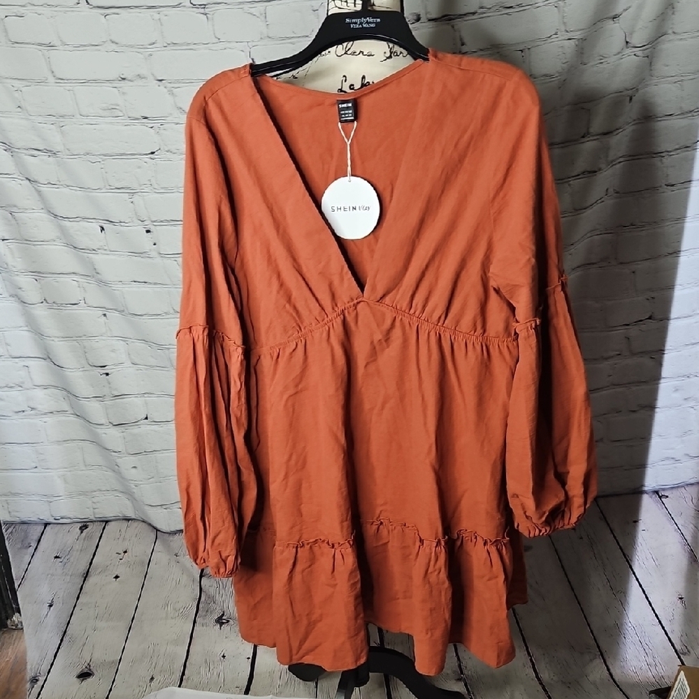 SHEIN Vacay Rust Colored Long Sleeve Cotton Mini Dress Size XL NWT